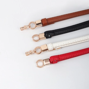 Detail view of thin leather belts in four colors with gold textured round buckles