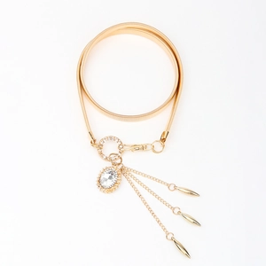 Elegant gold elastic belt with sparkling rhinestone buckle and long fringe tassel detail