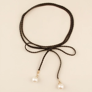 Bohemian dark brown braided waist rope with elegant pearl pendants for women dresses