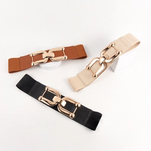 Chic wide elastic cinch belts with gold chain buckles in black, brown and beige colors
