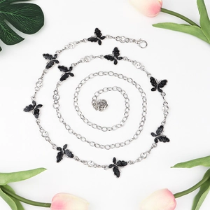 Elegant silver waist chain belt with black glitter butterfly and rose pendant for dresses