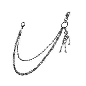 Chaîne de pantalon double épaisseur en métal argenté avec pendentif de squelette punk
