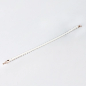 Detailed view of white leather strap with elegant rose gold metal ring buckles