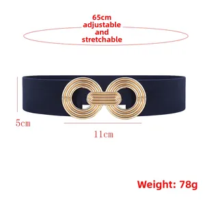 Detailed size specifications for navy elastic waist belt with gold interlocking buckle