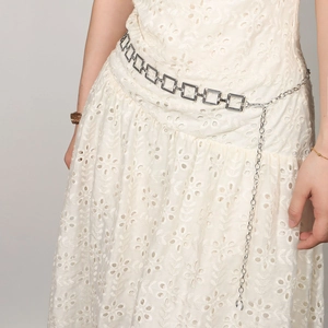 Silver hollow rectangle link chain belt for women dresses with adjustable tail chain