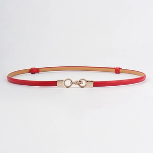 Detailed close-up of slim red waist belt featuring elegant golden alloy double ring buckle