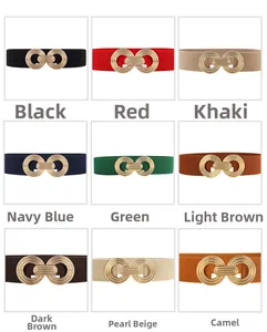 Elastic waist belts for women with interlocking gold geometric buckles in nine colors