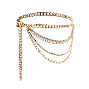 Golden multi-layer metal chain belt for women featuring sparkling crystal rhinestone accents