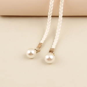Bohemian thin braided waist rope with large white pearl pendant and gold metal accents