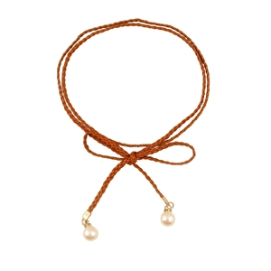 Bohemian braided waist rope belt with champagne gold accents and white pearl charms