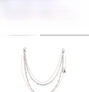 Double-layered silver hip hop pants chain with two lobster clasps and a square padlock