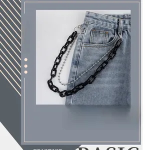 Dual-layer fashion waist chain featuring black acrylic links and silver metal bead string