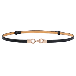 Women's thin black leather belt featuring a vintage gold double ring buckle for dresses
