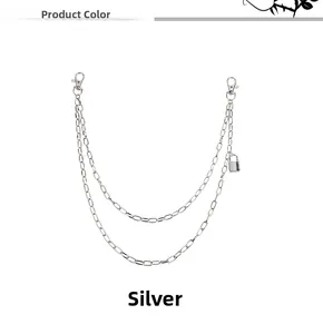Double-layer silver metal pants chain featuring a square lock pendant and lobster clasps