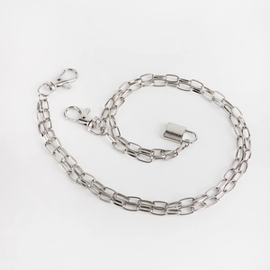 Silver double-layered metal hip hop pants chain with lobster clasps and a square padlock