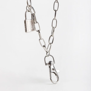 Punk silver double metal pants chain with rectangular links and square padlock pendant