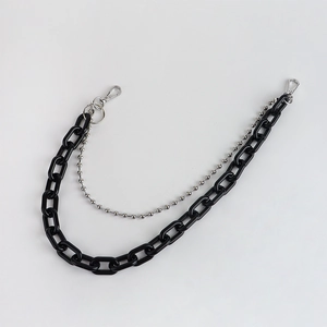 Double-layered punk pants chain with black acrylic links and silver metal bead strand