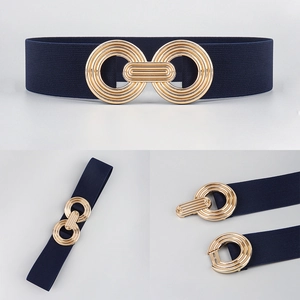 Detailed close-up of navy blue elastic waist belt with gold interlocking metal buckle