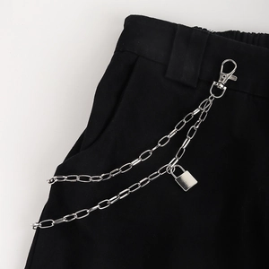 Double-layered punk pants chain with padlock pendant and lobster clasp on black fabric