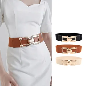 Women Wide Elastic Corset Belt Gold Metal Interlocking Buckle Artificial Leather Stretchy Waistband For Dress Fashion Accessory