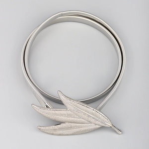 Silver elastic snake chain belt with triple leaf metal buckle for dresses