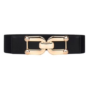 Modern wide black elastic belt for women featuring a polished light gold metal buckle