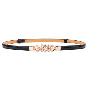 Ceinture fine en cuir noir avec boucle fleur dorée ornée de perles et de strass brillants