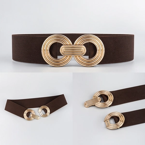 Detailed views of women's elastic belt with gold geometric buckle and hook closure