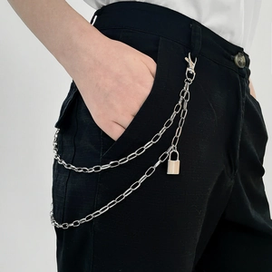 Hip Hop Punk Double Layer Alloy Metal Pant Chain With Square Lock Pendant Silver Waist Belt Chain Streetwear Accessories