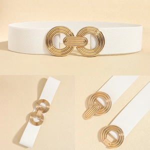Detail of white elastic waist belt with an interlocking gold concentric circle buckle