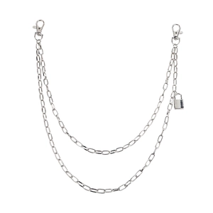 Punk style silver double-layered metal trousers chain with lobster clasps and mini padlock