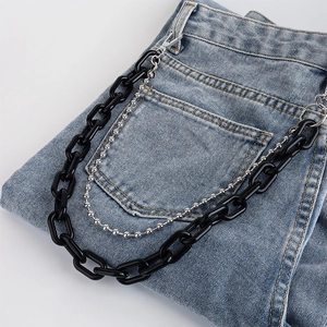 Punk style layered pant chain featuring black acrylic links and silver bead metal chain
