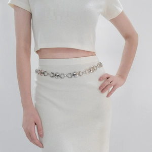 Cintura a catena in metallo argento con maglie rotonde per stile punk e hip-hop chic