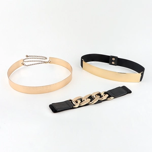 Detailed set of three women's fashion waist belts featuring gold metal links and sequins