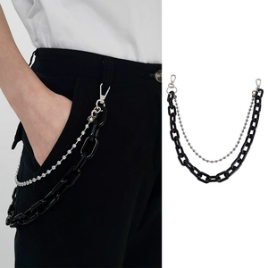 Punk Double Layer Waist Chain Black Acrylic Link And Silver Metal Bead Chain Hip Hop Pants Belt Chain For Women Men