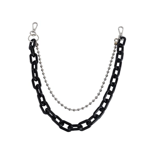 Double-layered hip hop trousers chain with black links and silver beaded metal chain