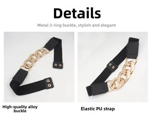 Detail of three-piece set elastic waist belts featuring large gold alloy chain link buckles