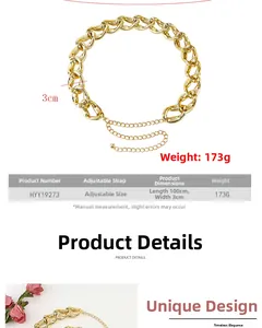 Detail of chunky gold chain belt for coats with adjustable link and measurement specs