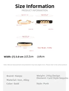 Detailed size guide for 3-piece punk metallic gold belt set including dimensions and weight