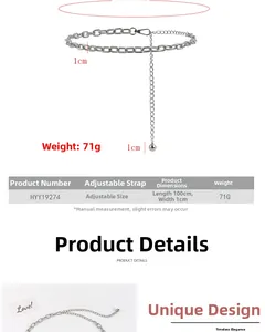 Close-up of adjustable silver metal chain belt with lobster clasp and round ball pendant