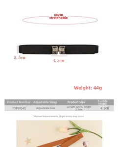 Guide des tailles montrant les dimensions de la ceinture élastique fine à boucle en strass