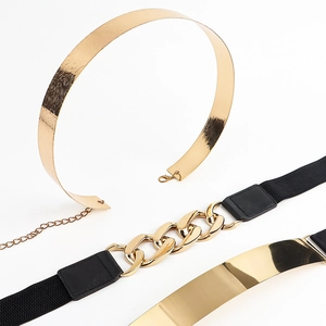 Three-piece set of elegant gold metal belts and black elastic waist cincher with sequins