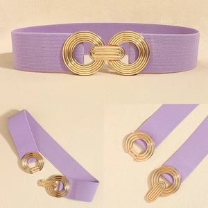 Detail of lavender elastic waist belt with a triple-ring gold interlocking buckle