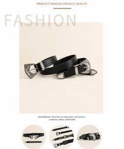 Détails de boucles gravées argentées sur une ceinture élastique punk noire pour femme