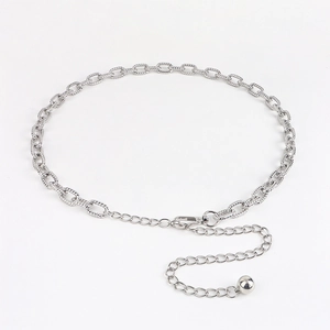 Silver metal chain belt with twisted oval links and ball pendant for dresses and suits
