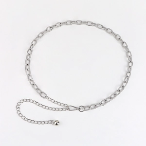 Detailed close-up of a silver hollow metal waist chain with adjustable lobster clasp closure