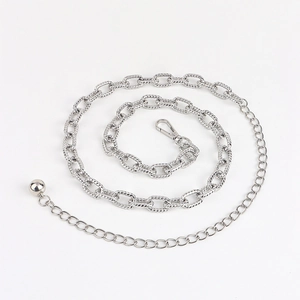 Silver twisted link chain belt for dresses and suits with adjustable lobster clasp and ball charm