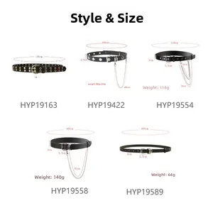 Size chart showing punk style black leather belts with metal chain details and dimensions