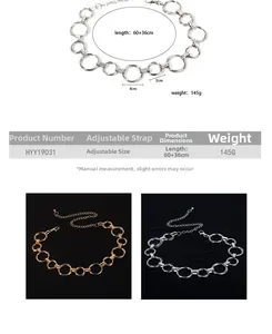 Size chart for adjustable gold and silver metal waist chains with 3cm and 4cm ring details