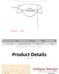Detail of silver multilayer metal chain belt with dimensions and adjustable lobster clasp